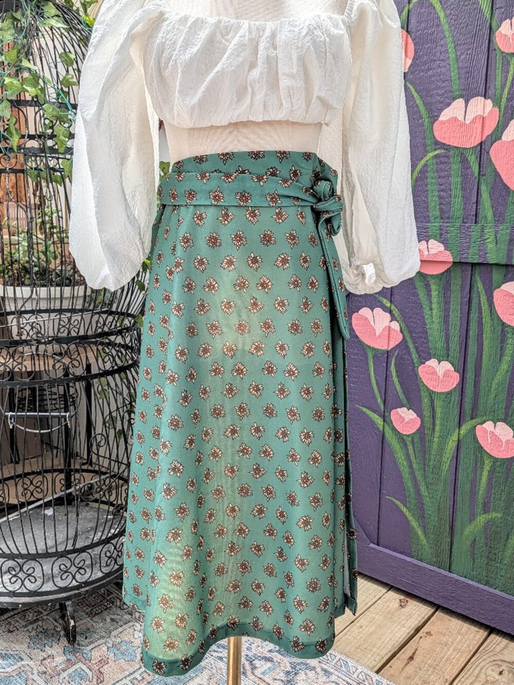 Vintage 1970's Handmade Green Floral Wrap Skirt